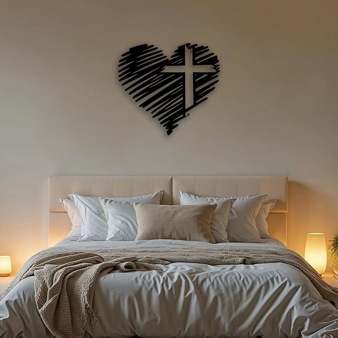 Heart Cross Metal Wall Decor - Elegant Minimalist Room Decor Love Wall Art Home Decor for Living Room, Bedroom, Dining Room, Bathroom, Office (Black)
