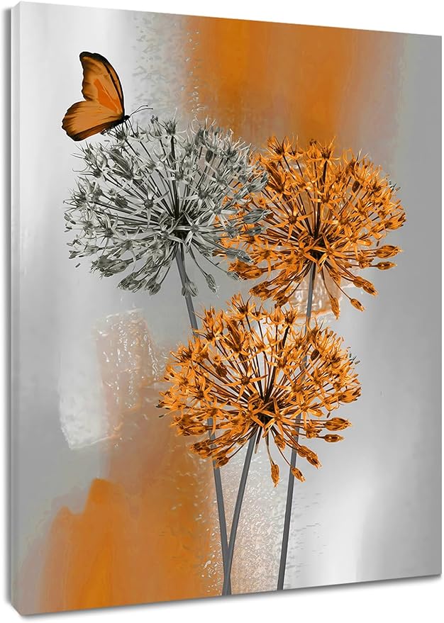 LB Orange Dandelion Wall Art Grey Floral with Butterfly on Vintage Background Canvas Wall Art Retro Abstract Wall Art Decor for Living Room Bedroom Bathroom Office Framed Ready to Hang 16L x 12W