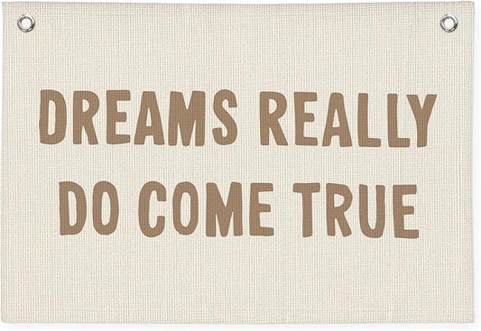 Motivational Positive Banner, Dreams Really Do Come True Linen Banner Wall Hanging Banner Flag Decor For Boy Girl Kids Room Nursery Playroom