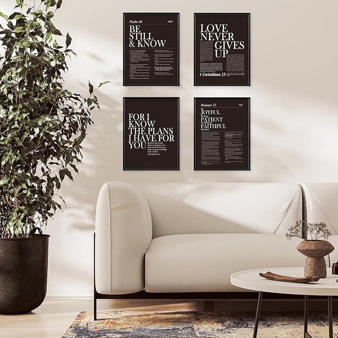 Locomiss Black and White Christian Wall Art Decor, Modern Black Minimalist Jesus Scripture Wall Decor, Black Inspirational Bible Verse Posters for Bedroom Office Living Room, Set of 4 (12x16 Unframed)