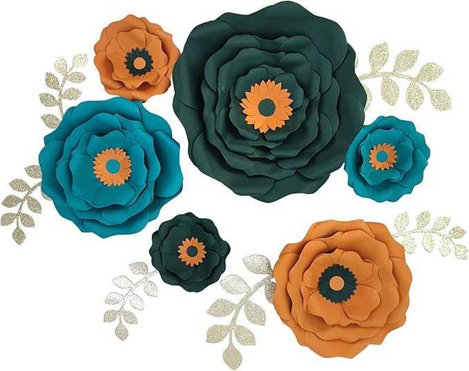 Paper Flower with Leaf for Wall Pack of 6 (Blackish Green Teal)