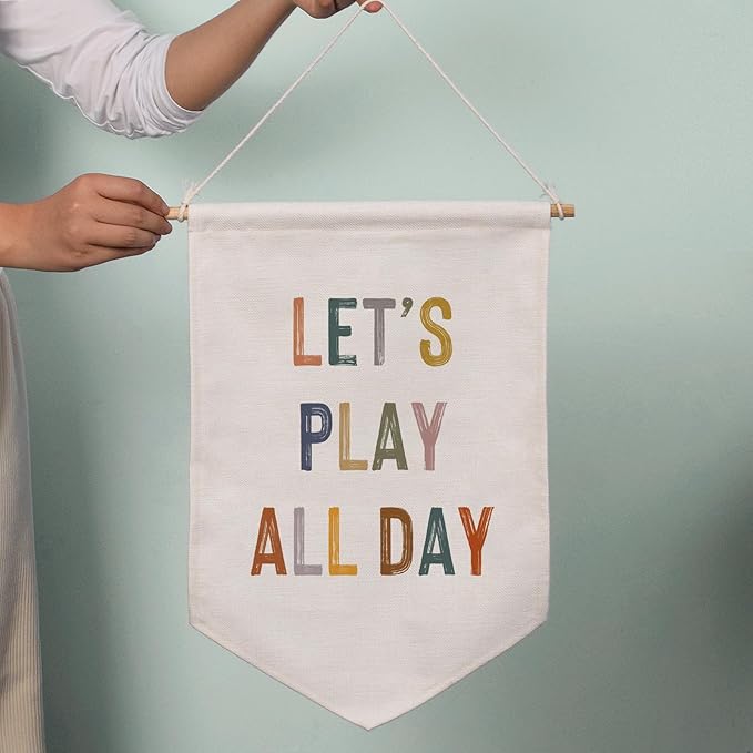 ZEARPT Let's Play All Day Flag Pennant Banner, Boho Nursery, Playroom Wall Hanging, 12.5 x 18 inches, Neutral Kids Decor