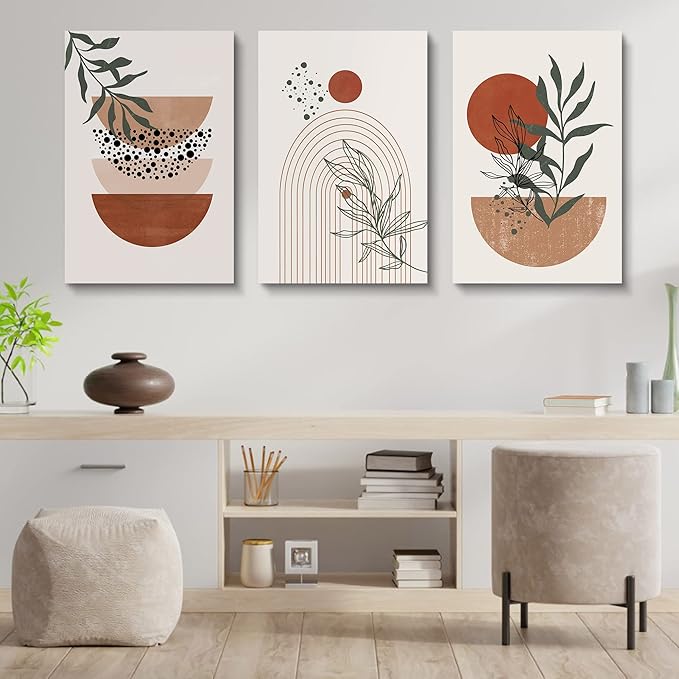 Boho Wall Art Prints，Boho Wall Decor, Mid Century Modern Wall Art，Set of 3 Prints, Abstract Geometric Prints Black Beige Terracotta Minimalist Art, Natural Framed Canvas Prints Artwork For Living Room