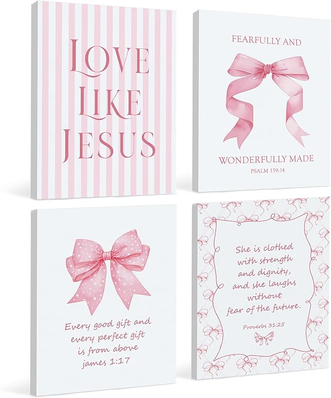 LARTSFRO Coquette Pink Bow Jesus Canvas Wall Art Decor Posters Prints, Light Pink Bow Room Bedroom Bathroom Dorm Wall Art Decor Aesthetic for College Teen Girls Gifts, Inspirational Bible Verses Bow Wall Decor, 11x14 Inch Set of 4 Pcs Bow Pictures (Can...