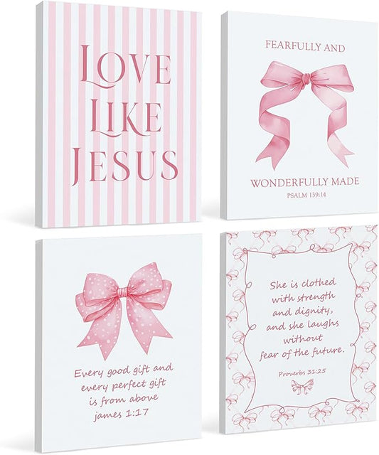 LARTSFRO Coquette Pink Bow Jesus Canvas Wall Art Decor Posters Prints, Light Pink Bow Room Bedroom Bathroom Dorm Wall Art Decor Aesthetic for College Teen Girls Gifts, Inspirational Bible Verses Bow Wall Decor, 11x14 Inch Set of 4 Pcs Bow Pictures (Can...