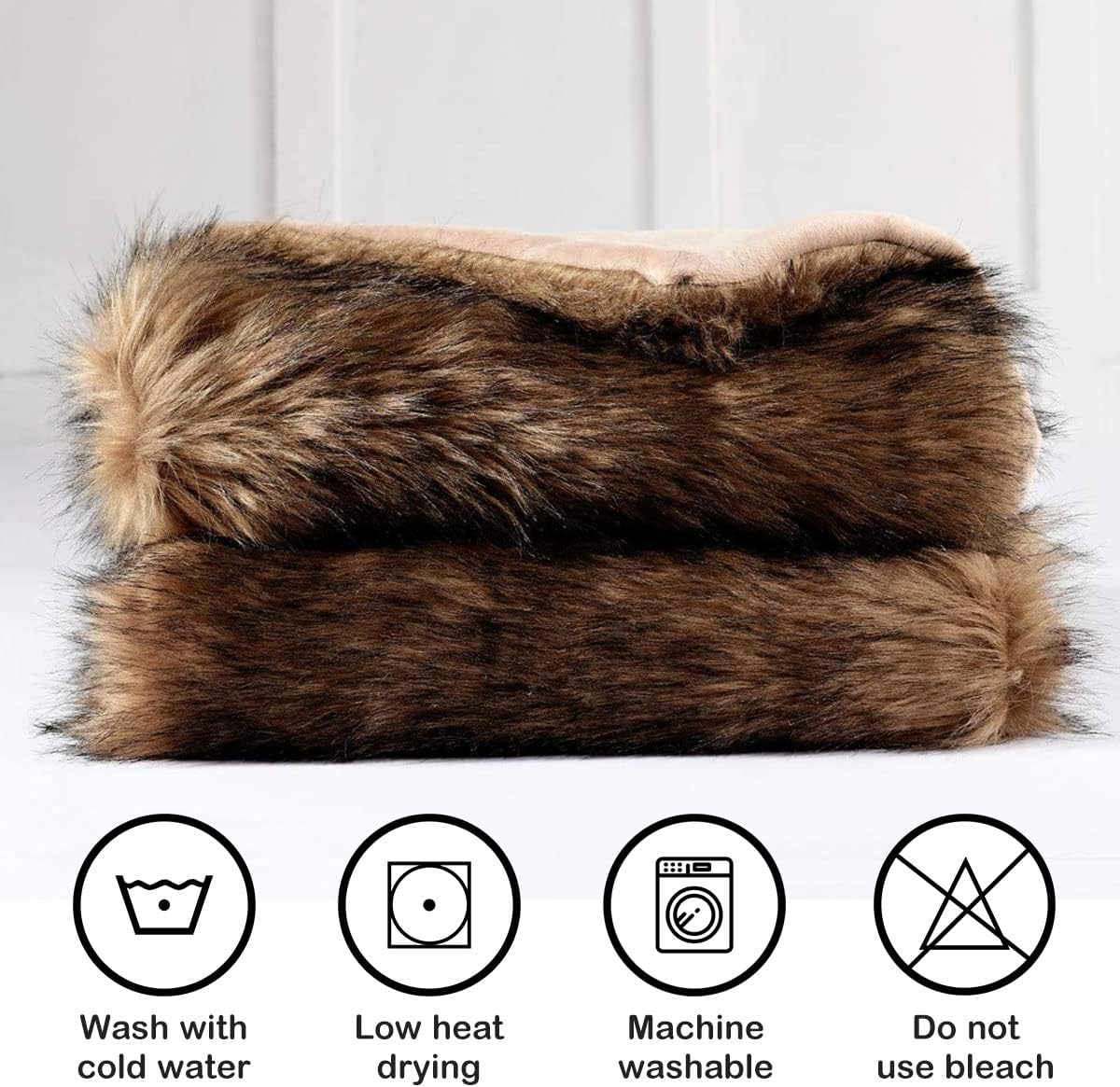 Luxury Plush Faux Fur Throw Blanket, Long Pile Brown with Black Tipped Blanket, Super Warm, Fuzzy, Elegant, Fluffy Decoration Blanket Scarf for Sofa, Armchair, Couch and Bed, 50''x 60''