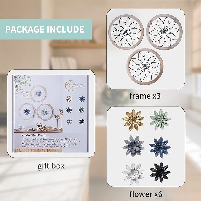 Paquesta 3 Piece Round Farmhouse Wall Decor with 6 Piece Interchangeable Flowers 15.75'' Medallion Wood & Metal Rustic Wall Art for Living Room Bedroom Kitchen Bathroom Dining Room Home Decorations (large black wheel)