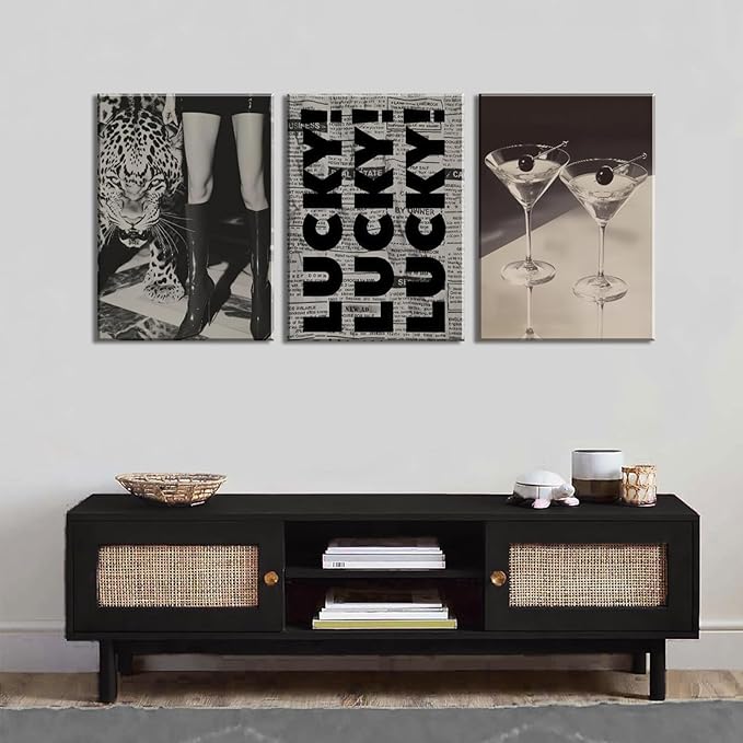Trendy Leopard Canvas Wall Art Fashion Cheetah Lucky Martini Wall Decor Pictures Funky Vintage Preppy Luxury Aesthetic Posters Prints for Girly Bedroom Apartment Dorm Decoration 16x24in