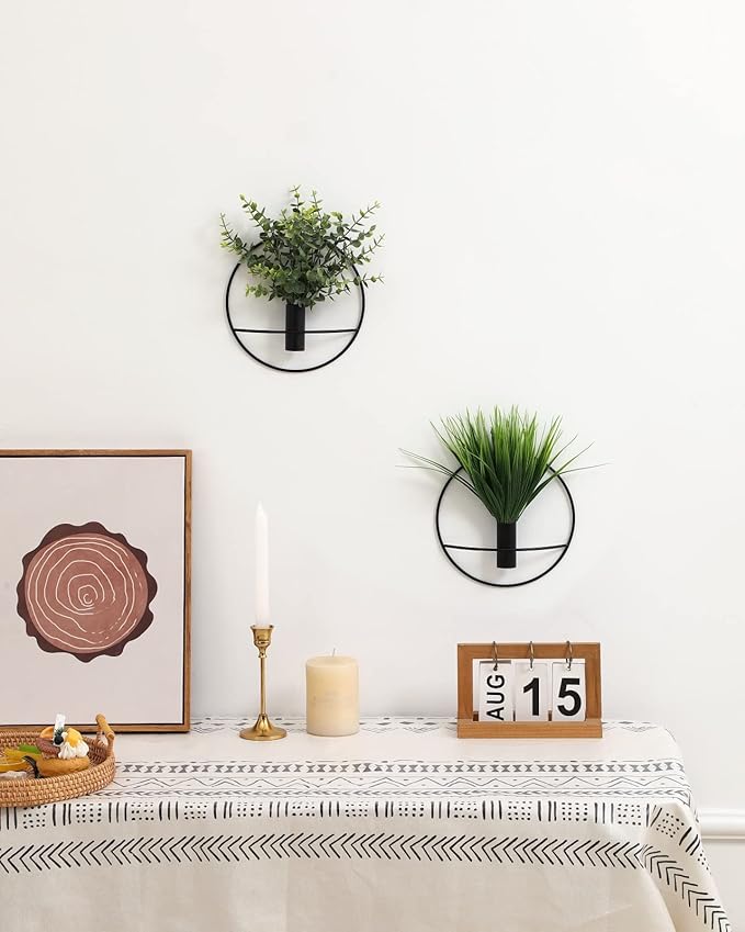 Pretty Jolly Wall Decor Metal Vase Decoration Holder, Mounted Artificial Flowers, Black Fake Wheat 2 Pack, Art Greenery, Farmhouse, Boho