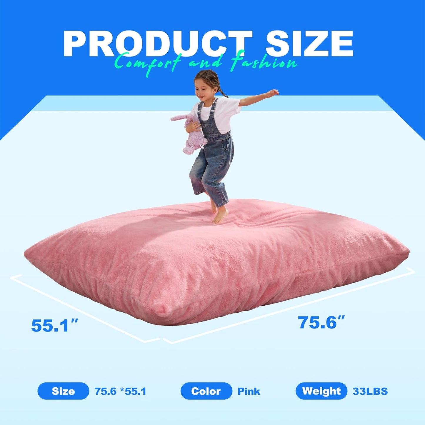 Hobestluk 3 in 1 Bean Bag Chair Giant Bean Bag Chairs for Adults with Chevron Plush Fur Cover Convertible Bean Bag Floor Cushion with Machine Washable Cover for Living Room (Plush Pink)