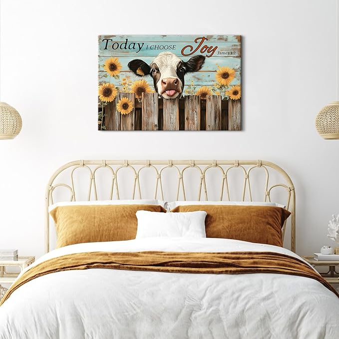 Large Farmhouse Cow Wall Art Teal Wall Decor Sunflower Pictures for Living Room Christian Bible Canvas Prints Cattle Poster Rustic Farm Animal Painting Artwork for Bedroom Home Decorations 24x36"