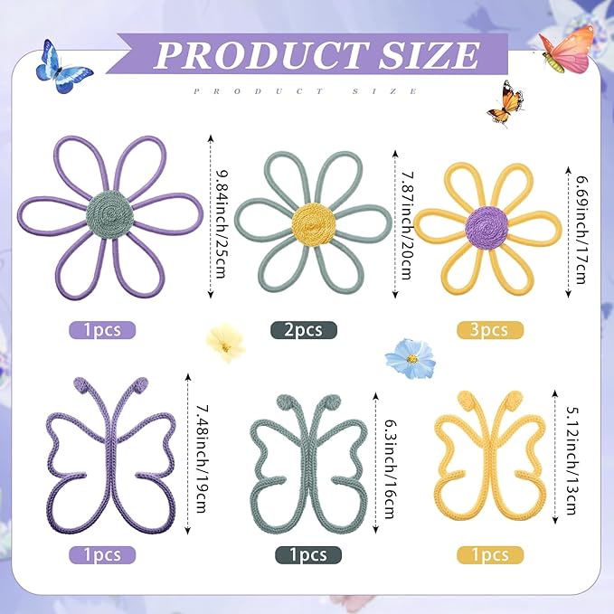 Wesiti 9 Pcs Boho Nursery Decor 3 Size Daisy Flower and Butterflies Woven Macrame Wall Hanging for Home Nursery Bedroom Dorm Wall Art(Modern Color)
