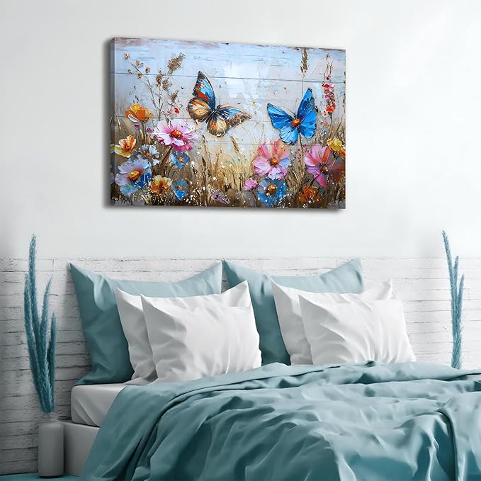 Wildflower Canvas Wall Art Butterfly Wall Decor for Bedroom Colorful Flowers Landscape Pictures Abstract Nature Floral Painting Artwork for Kitchen Living Room Home Decoration 32x48"