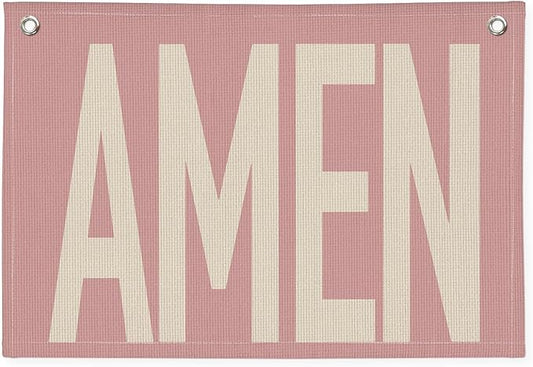 Pink "AMEN" Wall Art 20x30 Inch - Coquette Christian Decor, Girls Bedroom Hanging, Linen Prayer Banner, Nursery Faith Sign, Blush Religious Gift, Church Baptism Decor