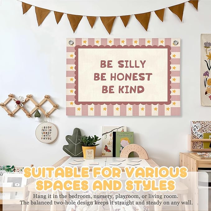 Pink Girls Room Decor, Girl Nursery Decor Boho Retro Classroom Wall Hanging Canvas Banner, Be Silly Honest Kind Classroom Wall Art Decor for Kids Nursery Toddler Room Bedroom Playroom, 30x20