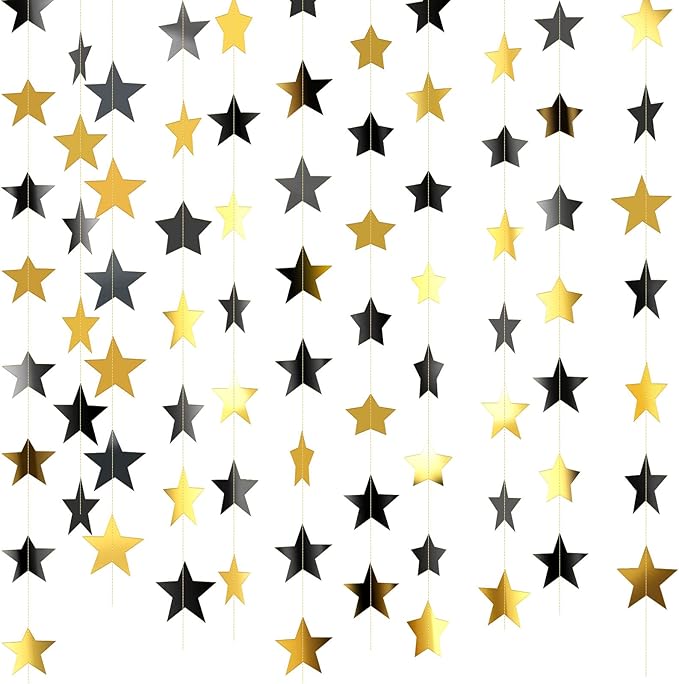 Patelai Glitter Star Garland Banner 2026 Graduation Decor 130 Feet Star Hanging Banner Twinkle Backdrop for Party Birthday Classroom Wedding Supplies(Black, Gold)