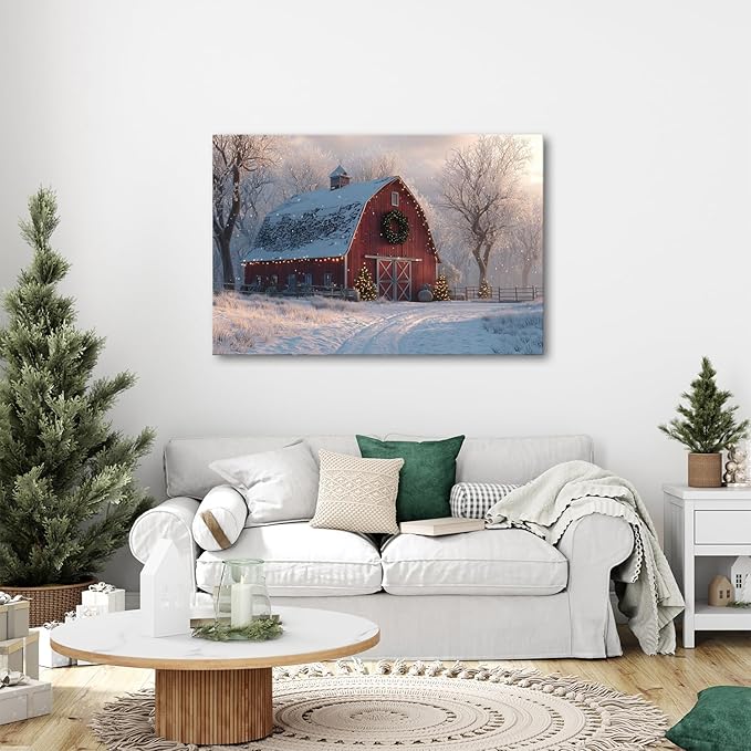 Christmas Barn Wall Art Vintage Farmhouse Canvas Wall Decor Christmas Tree Poster Prints Rustic Winter Snowy Scenic Pictures Country Painting Artwork for Living Room Bedroom Home Decorations 32x48"