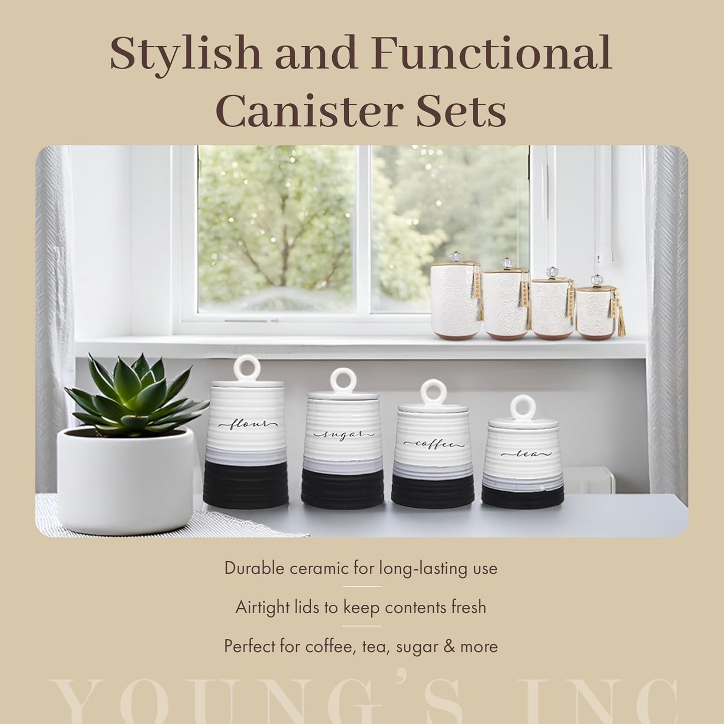 Young's Inc. 4 Pcs Set Modern-Cool Accent Ceramic Canisters- Storage Container for Kitchen and Bathroom - Beautiful Home Decor Accent to Store Food, Coffee, Tea, and More - White