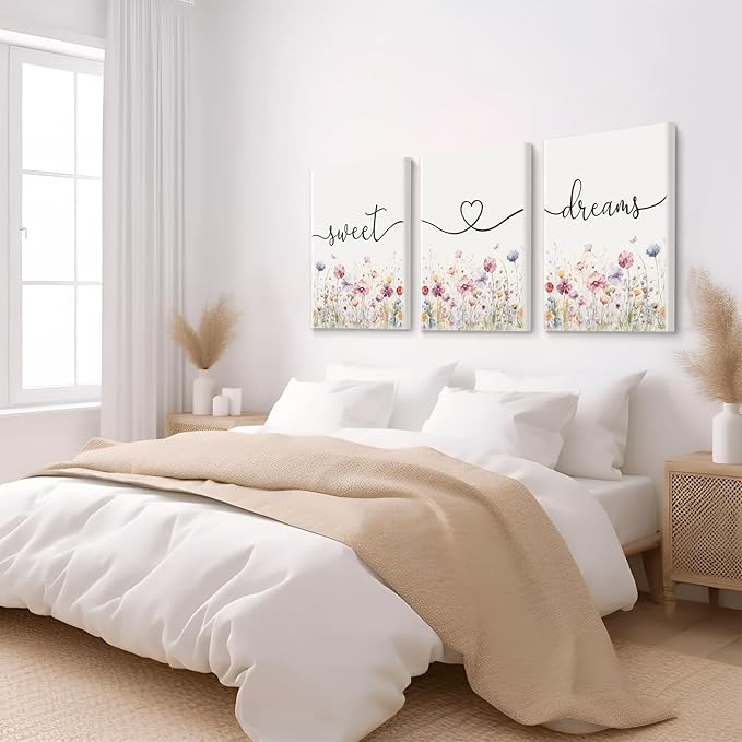 Bedroom Wall Art Decor - Set of 3 Framed Farmhouse Sweet Dreams Sign 12’’x16’’ Above Bed Wall Decor for Bedroom Decor Wall Art Wood Signs (Multicolour, 12’’x16’’)
