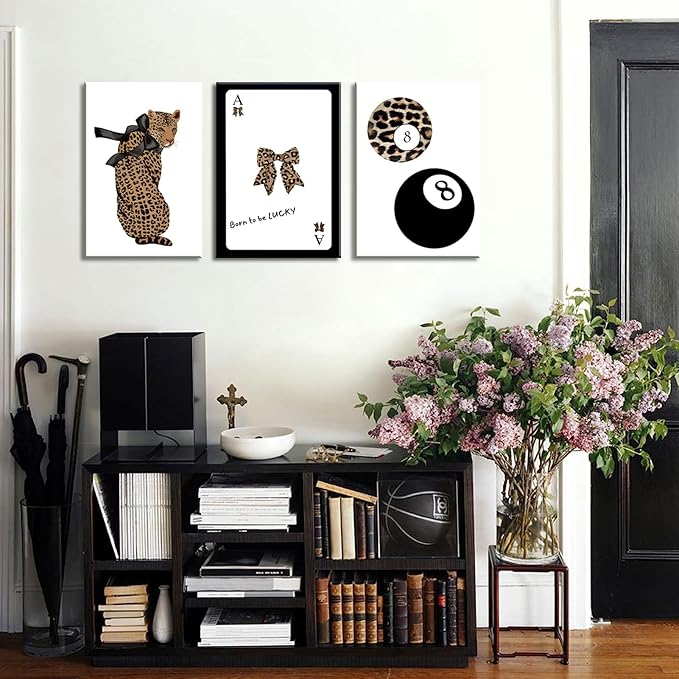 Set of 3 Trendy 8 Ball Leopard Canvas Wall Art Ace Card Bow Wall Decor Pictures Funky Born To Be Lucky Posters Prints Preppy Aesthetic Cheetah Room Decor for Girls Bedroom Apartment Dorm 16x24in