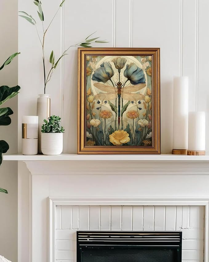 InSimSea Gold Framed Canvas Prints Wall Art, Vintage Floral Decor, Classical Dragonfly Flower Paintings Farmhouse Wall Decor Aesthetic, Antique Pictures for Bedroom Living Room Shelf, 12x16inch