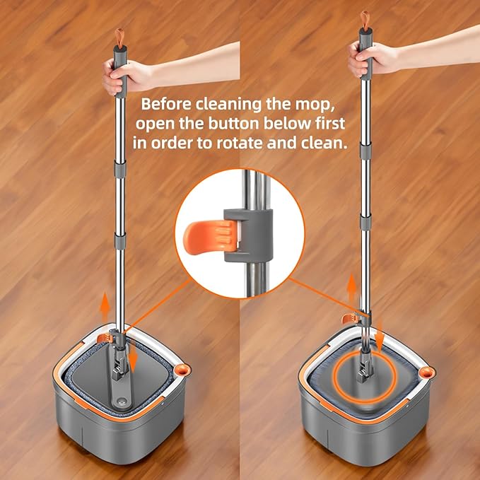 KZKR Spin Mop and Bucket Set with 6 Replaceable Microfiber Mop Pads with Self Separation Dirty and Clean Water System, Self Wringing 360° Rotating Square Mop Head for Hardwood Tile Marble Floors