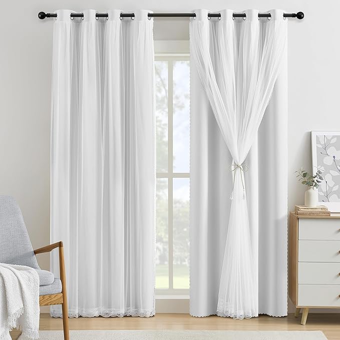 XiDi 100% Blackout White Curtains with Sheer Overlay 84 Inches Long Double Layer Curtains for Living Room Girls Kids Bedroom Light Blocking Thermal Insulated Drapes Grommet Set of 2 White 34W x 84L