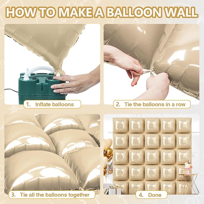 NISOCY 25PCS Beige Square Foil Balloons Wall Backdrop Double Sided Sand White Balloon Arch Kit for Birthday Baby Bridal Shower Wedding Engagement Gender Reveal Party Decoration