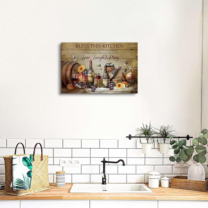 Rustic Kitchen Wall Art Farmhouse Dining Room Decor Wine Wineglass Wall Decor Positive Quotes Picture Canvas Prints Bless This Kitchen Poster Inspirational Painting Artwork Home Decoration 16x24"