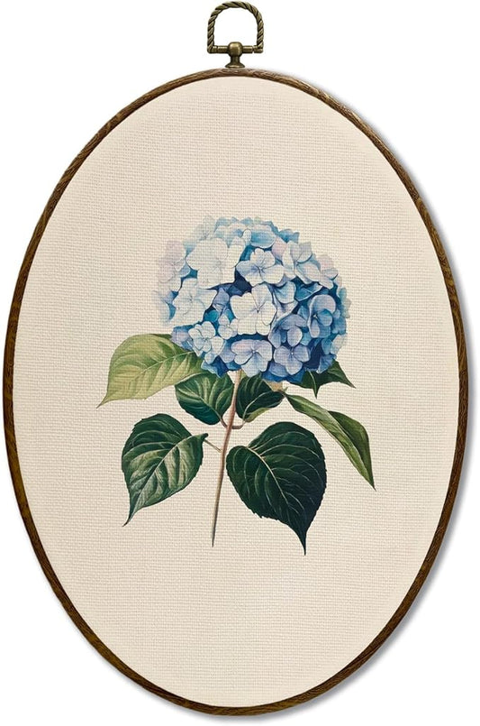 JQF Vintage Blue Hydrangea Floral Oval Wall Decor, Cottagecore Hydrangea Flower Oval Canvas Wall Art, Rustic Farmhouse Floral Framed Prints Hanging Decor for Home Bedroom Living Room, 8.5x11.5 Inch