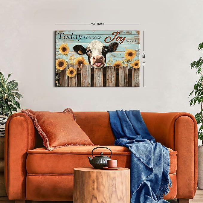 Funny Cow Wall Art Teal Wall Decor Sunflower Kitchen Pictures Christian Bible Signs Canvas Prints Poster Vintage Farmhouse Inspirational Quotes Painting Artwork for Living Room Home Decorations 16x24"