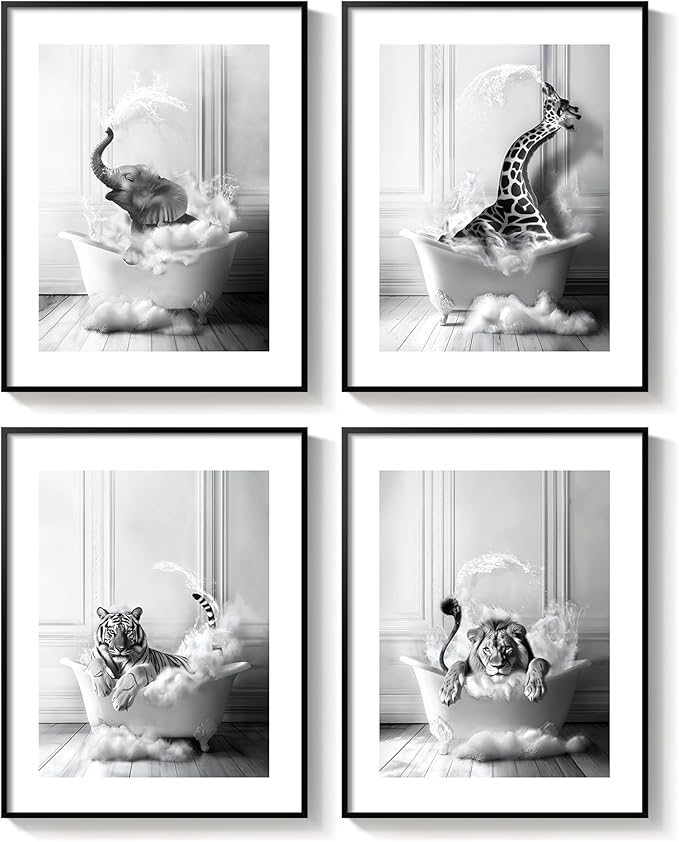 Framed Funny Bathroom Wall Art, 4 Piece Modern Black and White Canvas Prints Painting Artwork for Walls, Elephant Lion Tiger Giraffe Bathing Animals in Bathtub Pictures Kids Bathroom Wall Decor, 11x14