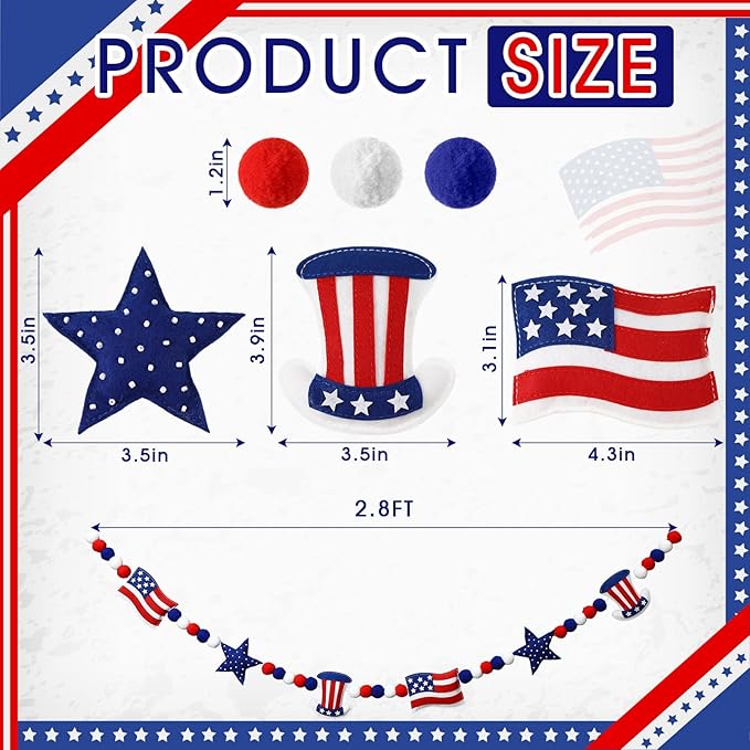 Felt 4th of July Garland 3D Red White Blue Patriotic Pom Ball Banner with Flag & Stars 250th Anniversary Decorative Hanging Bunting for Home Mantel Independence Day Memorial