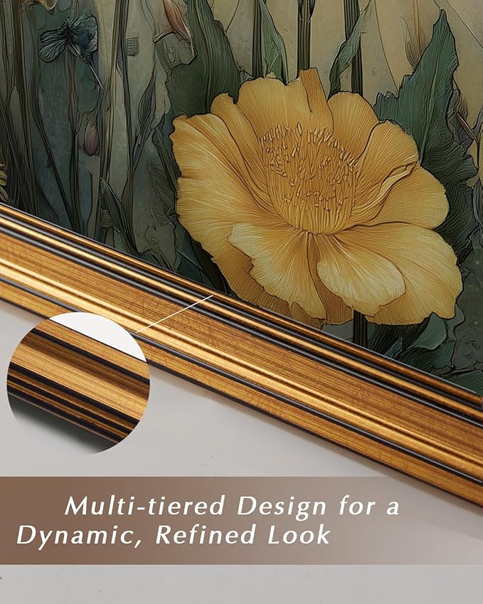 InSimSea Gold Framed Canvas Prints Wall Art, Vintage Floral Decor, Classical Dragonfly Flower Paintings Farmhouse Wall Decor Aesthetic, Antique Pictures for Bedroom Living Room Shelf, 12x16inch