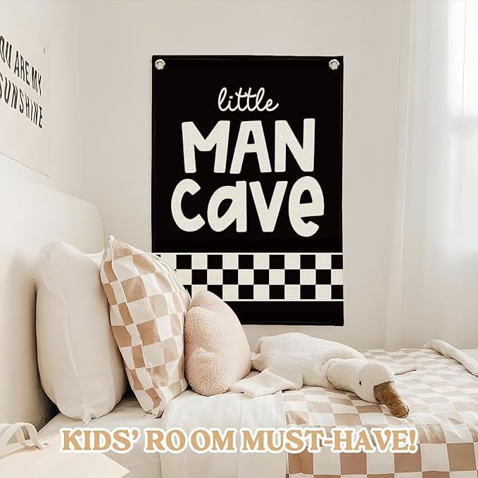 Boys Room Decor,Little Man Cave Sign for boys,Little Man Cave Linen Canvas Banner,Kids Room Wall Hanging Flag Banner, Adventure Nursery Sign for Baby and Kids, Playroom Wall Hanging Flag 18x25 Inch