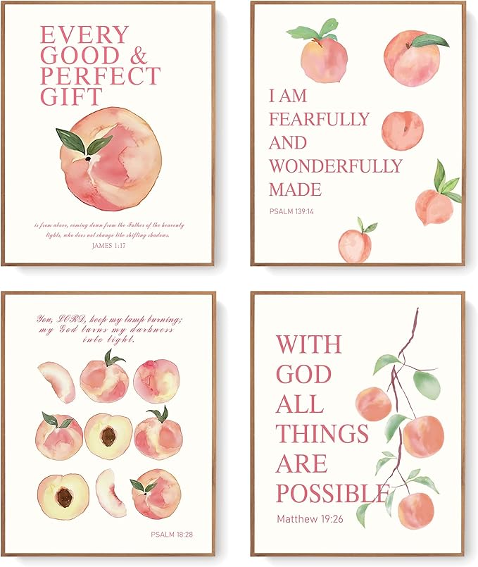 LARTSFRO Coquette Pink Peach Fruits Wall Art Decor Posters, Cute Pink Peach Christian Room Bathroom Bedroom Dorm Wall Art Decor Aesthetic for College Teen Girls Gifts, Inspirational Bible Verses Wall Decor, 10x8 Inch Set of 4 Pcs Fruits Pictures (UNFRA...