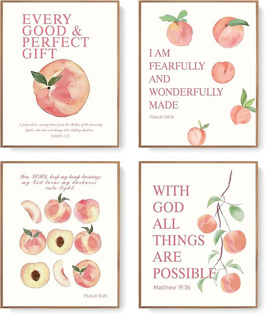 LARTSFRO Coquette Pink Peach Fruits Wall Art Decor Posters, Cute Pink Peach Christian Room Bathroom Bedroom Dorm Wall Art Decor Aesthetic for College Teen Girls Gifts, Inspirational Bible Verses Wall Decor, 10x8 Inch Set of 4 Pcs Fruits Pictures (UNFRA...