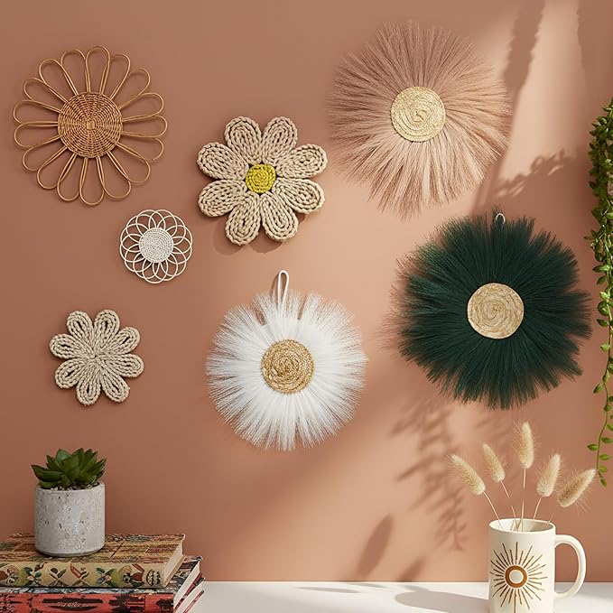 Chunful 7 Pcs Boho Wall Basket Decor Rattan Flower Wall Decor Nursery Daisy Flower Woven Macrame Hanging Flowers for Baby Kids Girls Farmhouse Bedrooms Living Rooms Kitchen Home(Emerald Green)