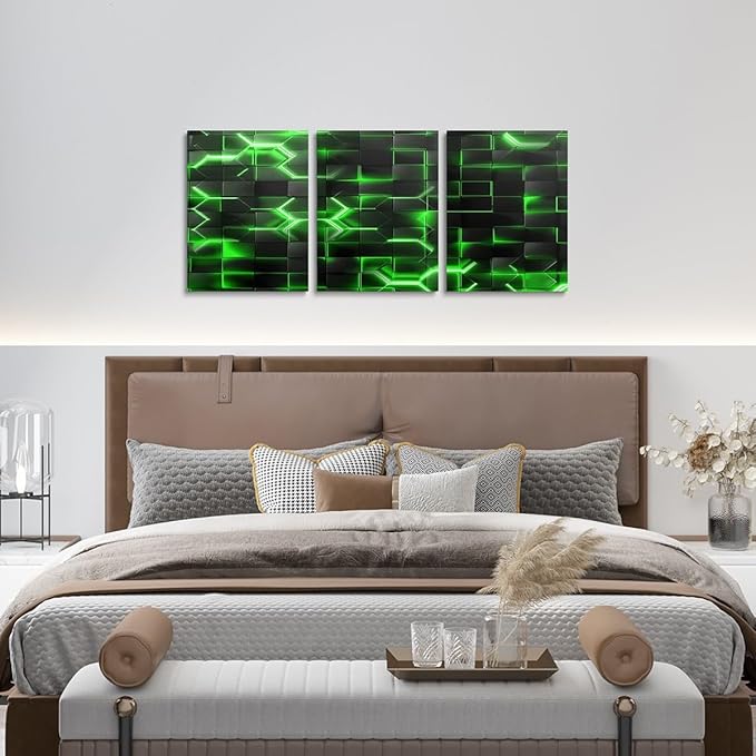 Feelyou Green and Black Picture Wall Decor 12"x16" 3 Piece Honeycomb Canvas Wall Art Decor Hexagon Theme Office Decorations Artwork Posters Geometrical Beehive Painting