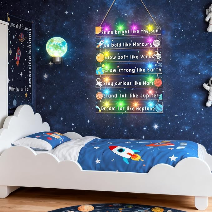 FIOBEE Girls Room Décor for Teen Girls Boys with LED Light Wall Decor for Bedroom Motivational Inspirational Wall Art Girl Room Decoration for Kids Studyroom, 8 Kinds of Lights, Navy Space