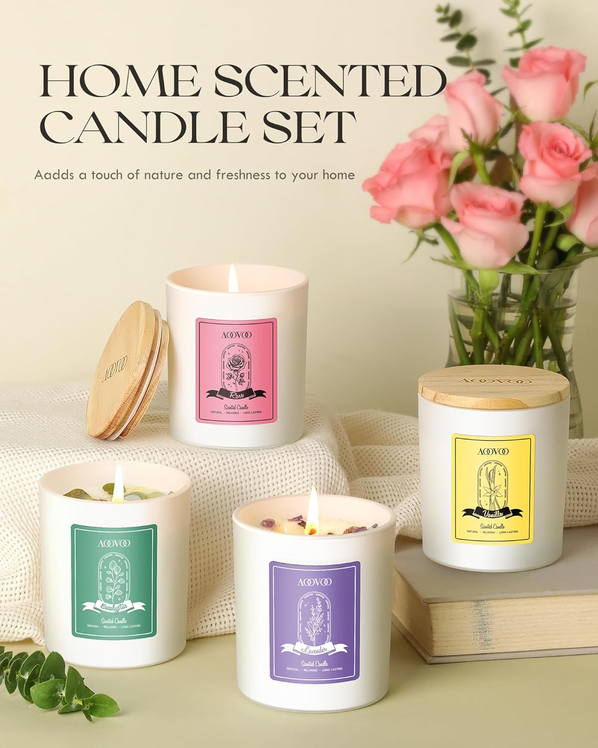AOOVOO Rose/Vanilla/Eucalyptus/Lavender Scented Candles for Women - Aromatherapy Candle with Crystals Inside, 40oz Soy Candles for Home Scented, Birthday Gifts Mothers Day Candle for Women Mom