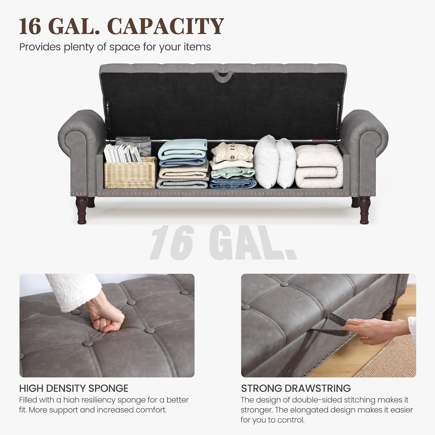 YOUDENOVAn 60”Bench with Storage, Upholstered Tufted Button Window Bench with Plenty Hidden Storage Space,Faux Leather Ottoman Bench for Bedroom, Living Room, Entryway，Grey