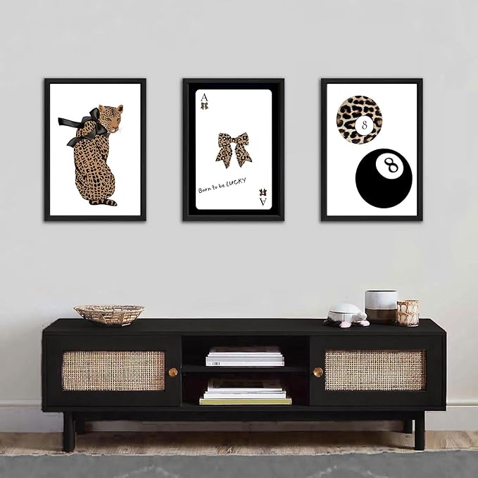 Set of 3 Trendy 8 Ball Leopard Wall Art Ace Card Bow Wall Decor Pictures Funky Born To Be Lucky Posters Prints Preppy Aesthetic Cheetah Room Decor for Girls Bedroom Apartment Dorm Unframed 12x16in