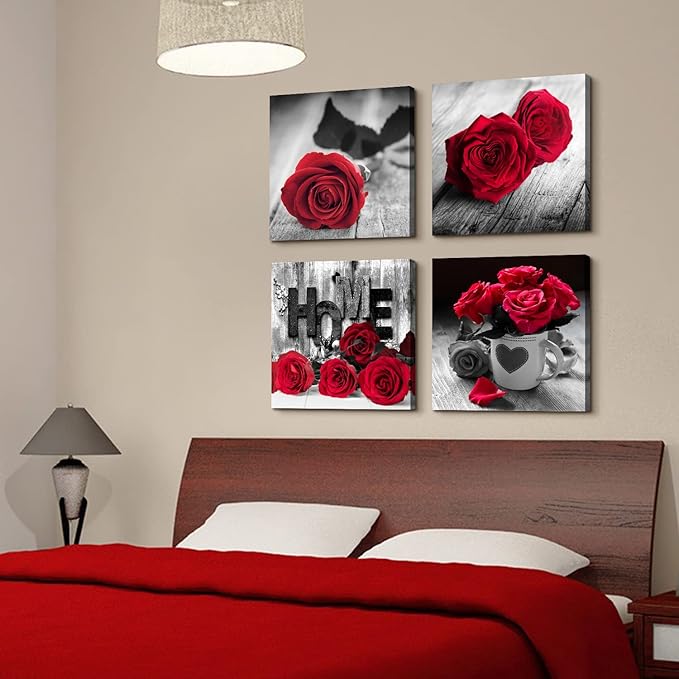 Red Rose Posters for Living Room Red and Black Wall Art Flower Painting Bedroom Wall Decor Romantic Floral Canvas Painting Bathroom Pictures Modern Kitchen Accessories Home Decoration 20x20" 4 Pcs/Set
