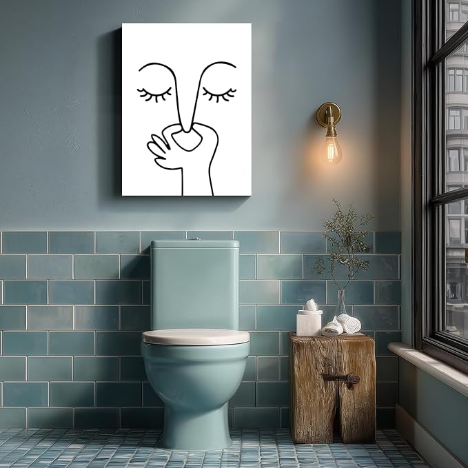 IAFWZX Framed Funny Bathroom Wall Art, Abstract Humor Toilet Wall Decor, Minimalist Face Line Canvas Painting, Modern Black and White Bathroom Poster Print for Restroom Guest Bedroom 12"x16"