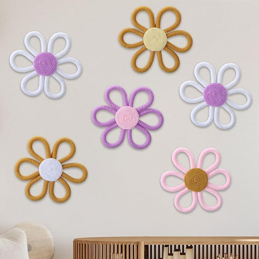 Ripeng 6 Pcs Boho Nursery Decor Flower Daisy Wall Art 6 Inch Woven Macrame Wall Hanging Bohemian Flower Decor Daisy Nursery for Baby Girls Kids Home Bedroom(Vintage Color)