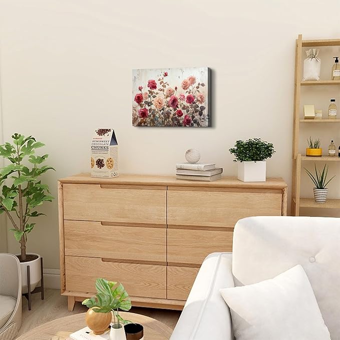 Vintage Flower Wall Art Pink Roses Wall Decor for Bathroom Retro Botanical Canvas Prints Rustic Farmhouse Floral Pictures Wall Decor Spring Wildflower Artwork Living Room Bedroom Home Decoration 12x16"