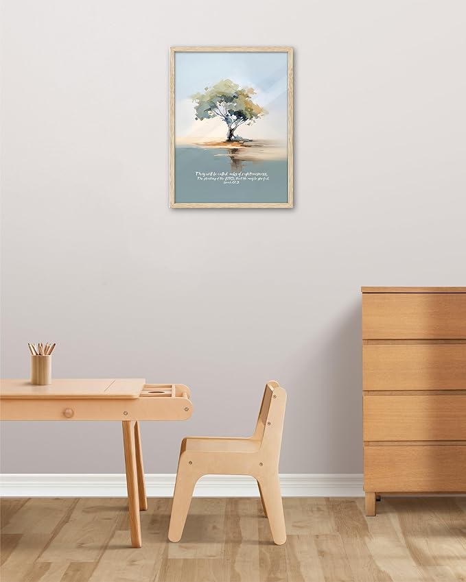 KensTro Natural OAK Wood Nursery Decor Framed Wall Art,12x16 in Inspirational Christian Bible Verse Wall Art,Oaks of LORD Righteousness Isaiah 61:3 Print for Boys Girls Playroom Bedroom Decor Set of 1
