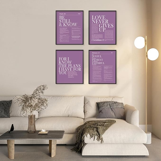 Locomiss Purple Christian Wall Art Decor, Modern Bible Verse Prints, Minimalist Jesus Scripture Wall Decor, Purple Inspirational Bible Posters for Bedroom Office Living Room, Set of 4 (8x10 Unframed)