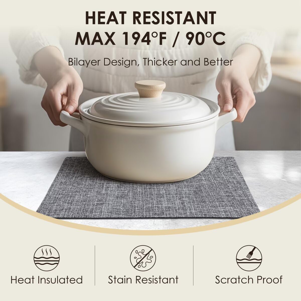 Placemats Set of 8, Bilayer Thickened Linen Place Mats Heat Resistant Machine Washable Wrinkle Free Carefully Selected Polyester Mats for Kitchen/Dining/Coffee Table (Light Grey)
